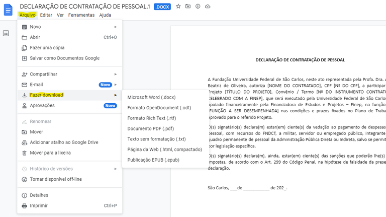 DECLARAÇÃO DE CONTRATAÇÃO DE PESSOAL Finep