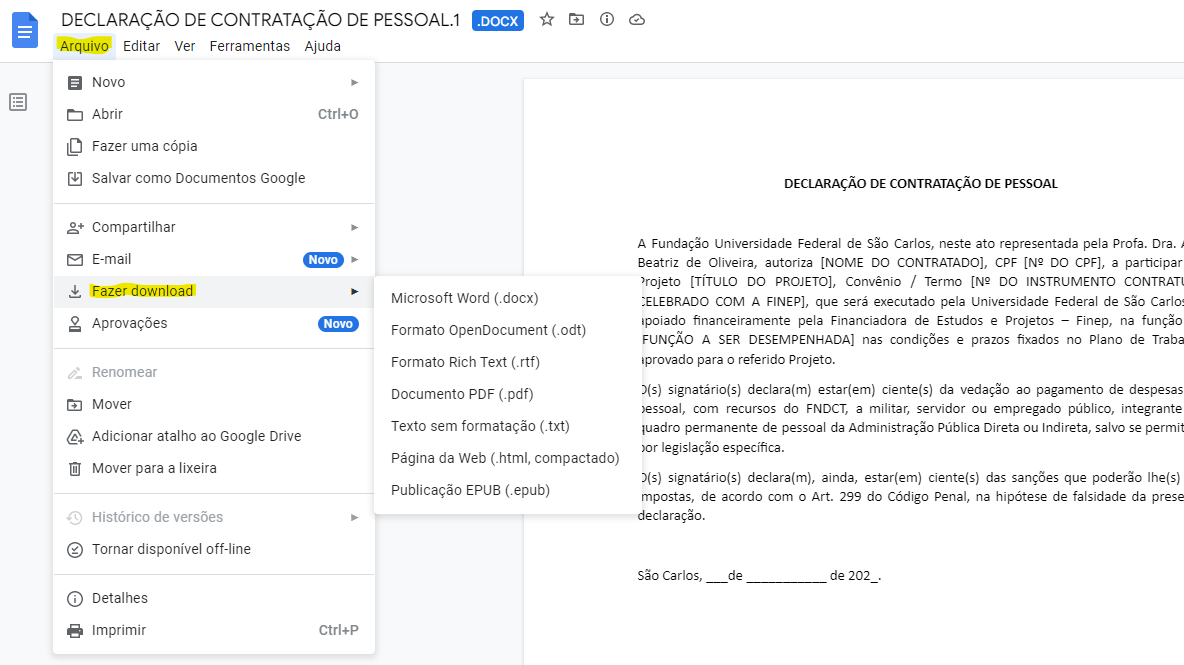 DECLARAÇÃO DE CONTRATAÇÃO DE PESSOAL Finep